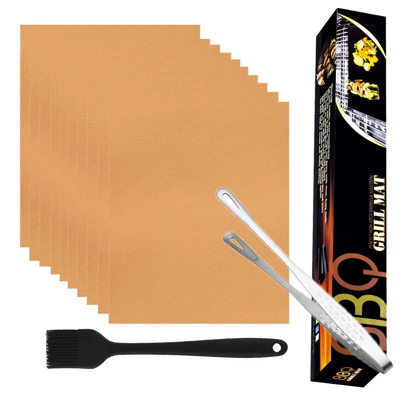 Grill Mat Set of 1/10-100% Non-Stick Reusable Mat Thick Heat Resistant for Gas Charcoal or Electric Grills - Easy to Clean Brown