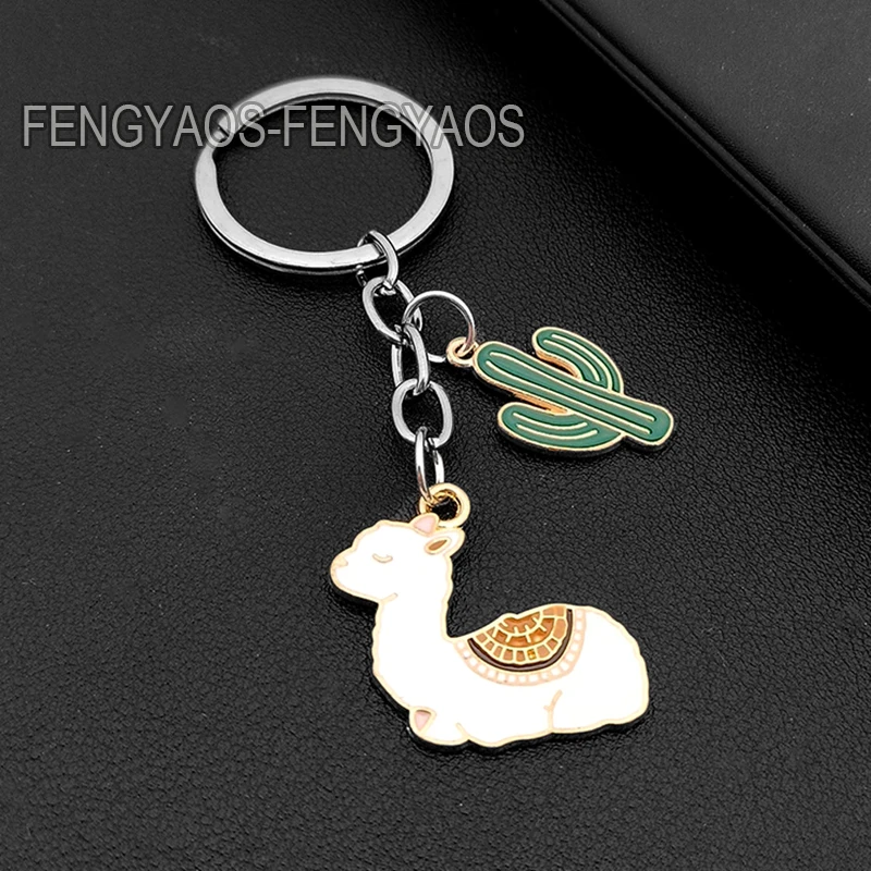 Lovely Cartoon Alpaca Keychains Desert Plant Animal Key Rings for Women Men Friendship Gift Handmade DIY Jewlery