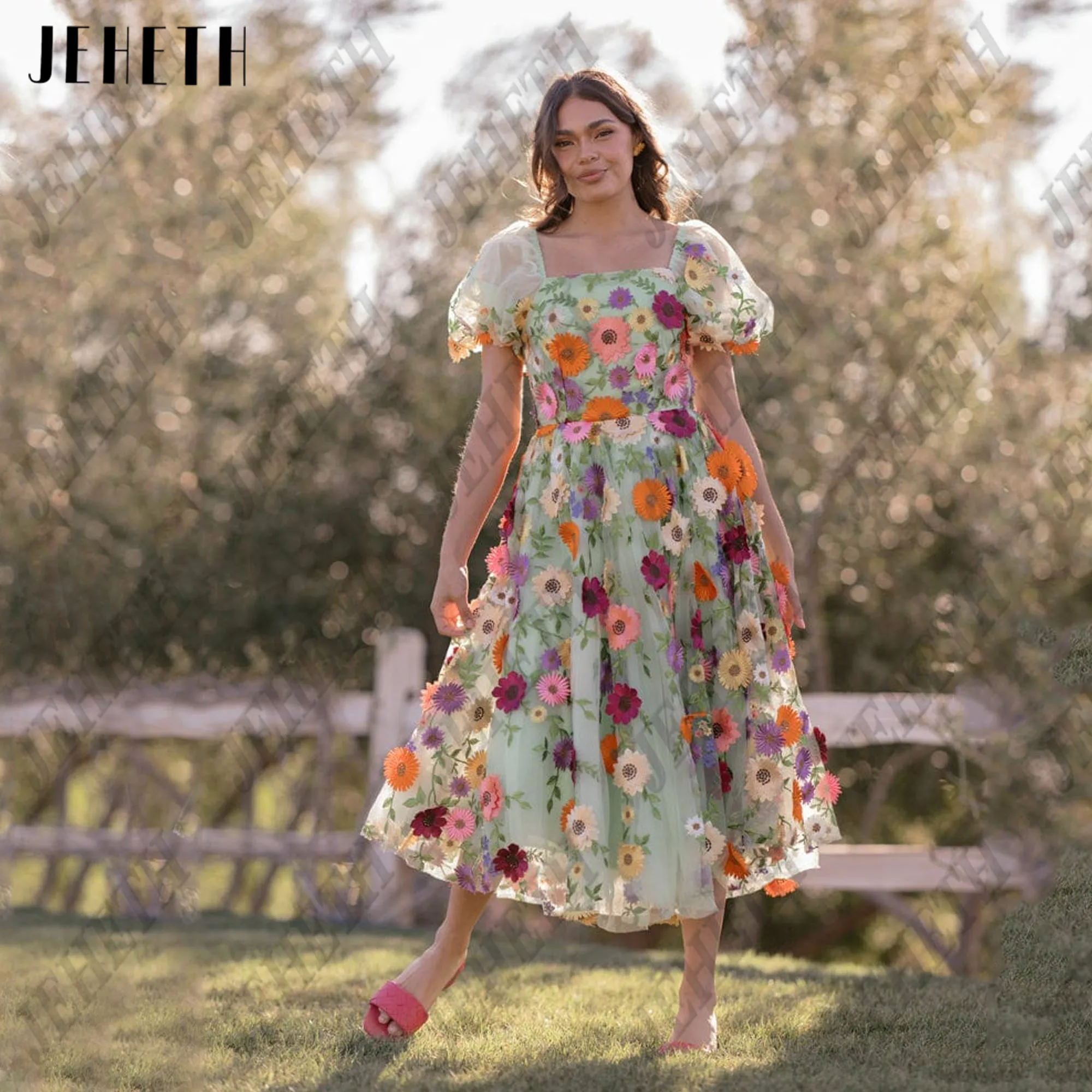 

JEHETH 3D Flowers Midi Prom Dress Short Puff Sleeve Square Collar A Line Evening Party Dress Customized Formal Occasion Dress