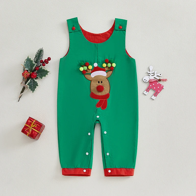 Baby Christmas Overalls Plaid Reindeer Embroidered 3D Ball Long Sleeve Contrast Color Jumpsuit