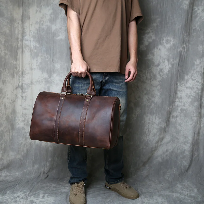 Retro Crazy Horse Leather Travel Bag for Men  Head Layer Leather Short Distance Business Trip Single Shoulder Slant Bag