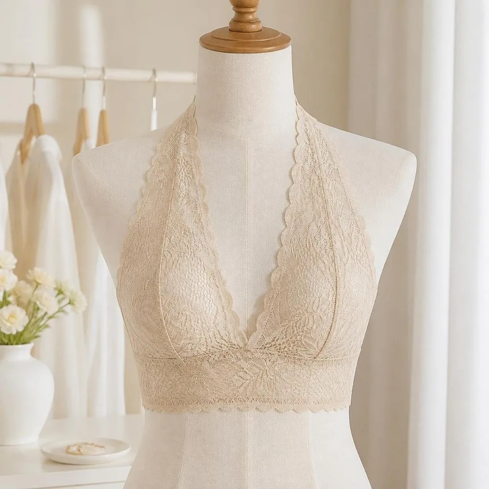 Vest Style Hanging Neck Lace Push-Up Bra Mesh Transparent Beauty Back Halter Bra Seamless Ultra Thin Wireless Bra Daily Wear