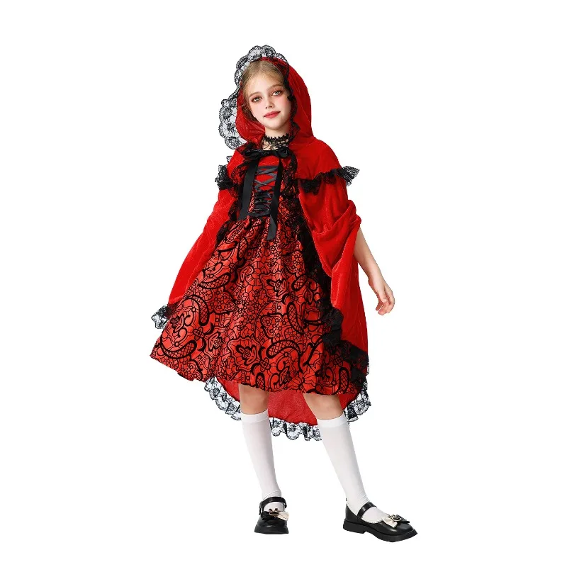 أزياء الهالوين للأطفال لعيد الميلاد ذات الرداء الأحمر الصغير وعباءة شال على الطراز الريفي للفتيات أزياء سندريلا التأثيرية