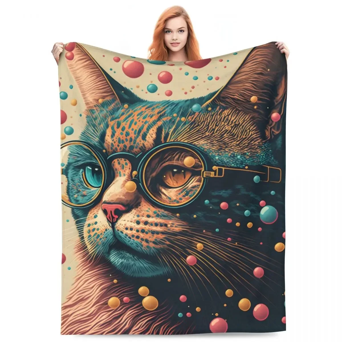 

Vintage Cat Flannel Blanket Super Soft animal whit glasses Throw Blanket Spring Airplane Travel Living Room Aesthetic Bedspread