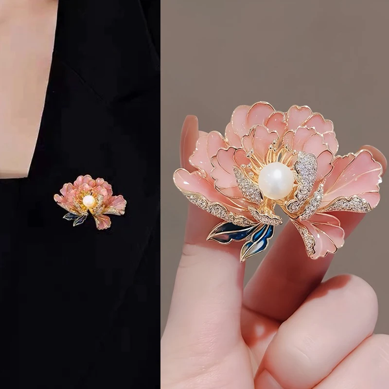 Elegant Peony Studded Rhinestone Brooches For Women Girls Delicate Pink Blue Flower Pearl Brooch Pins Party Jewelry Gifts