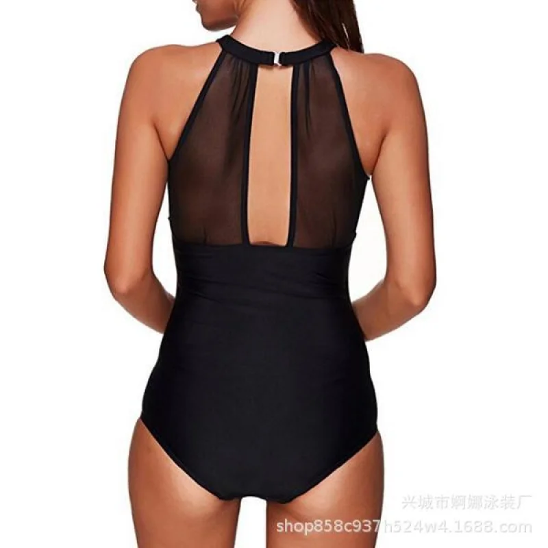 

New plus-size one-piece women's swimsuit, solid color, sexy swimwear with short sleeves