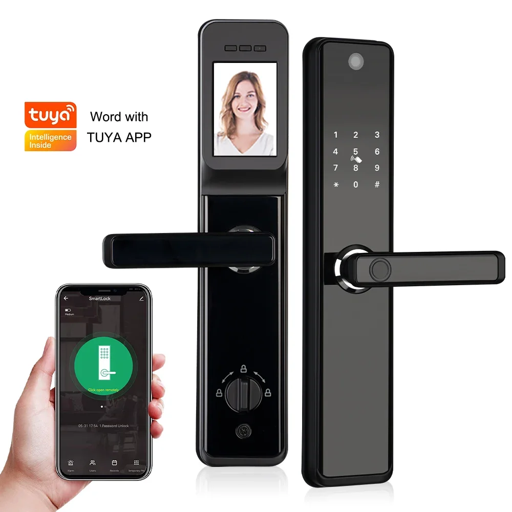 2024 Latest face recognition Tuya WiFi App Smar fingerprint door handle Digital Keyless lock with camera