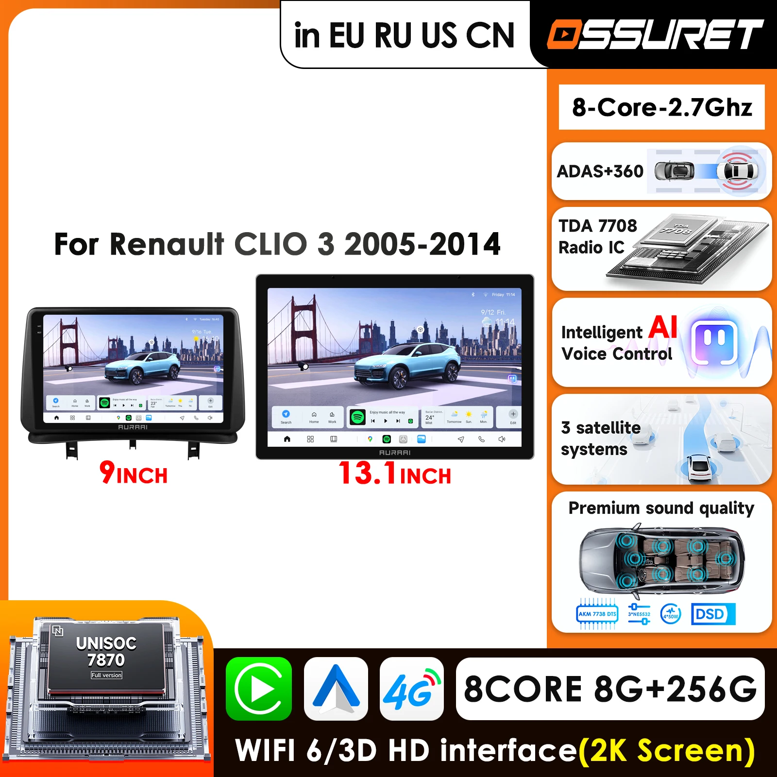 

13.1'' 2K 3D Screen AI CarPlay Android Auto For Renault Clio 3 2005 - 2014 Car Intelligent System GPS 4G FM BT 360° ADAS Camera