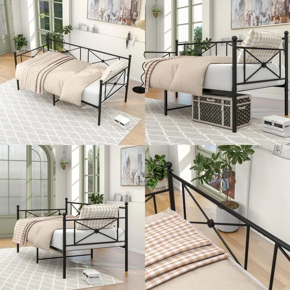 Black Twin Size Metal Daybed with Steel Slat Support and Strong Legs, No Box Spring Needed