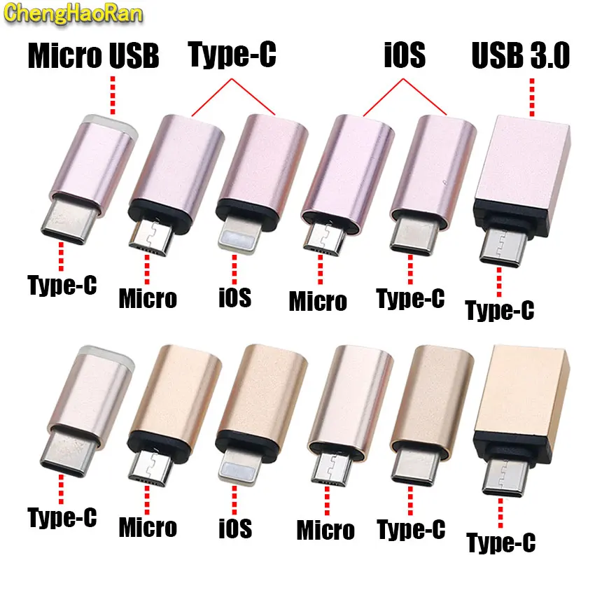 

1pcs Rose Gold Micro USB Type-C IOS Converter Charging Adapter Plug For iPhone 12 11 Pro XS Max XR X 8 7 Samsung Xiaomi Huawei
