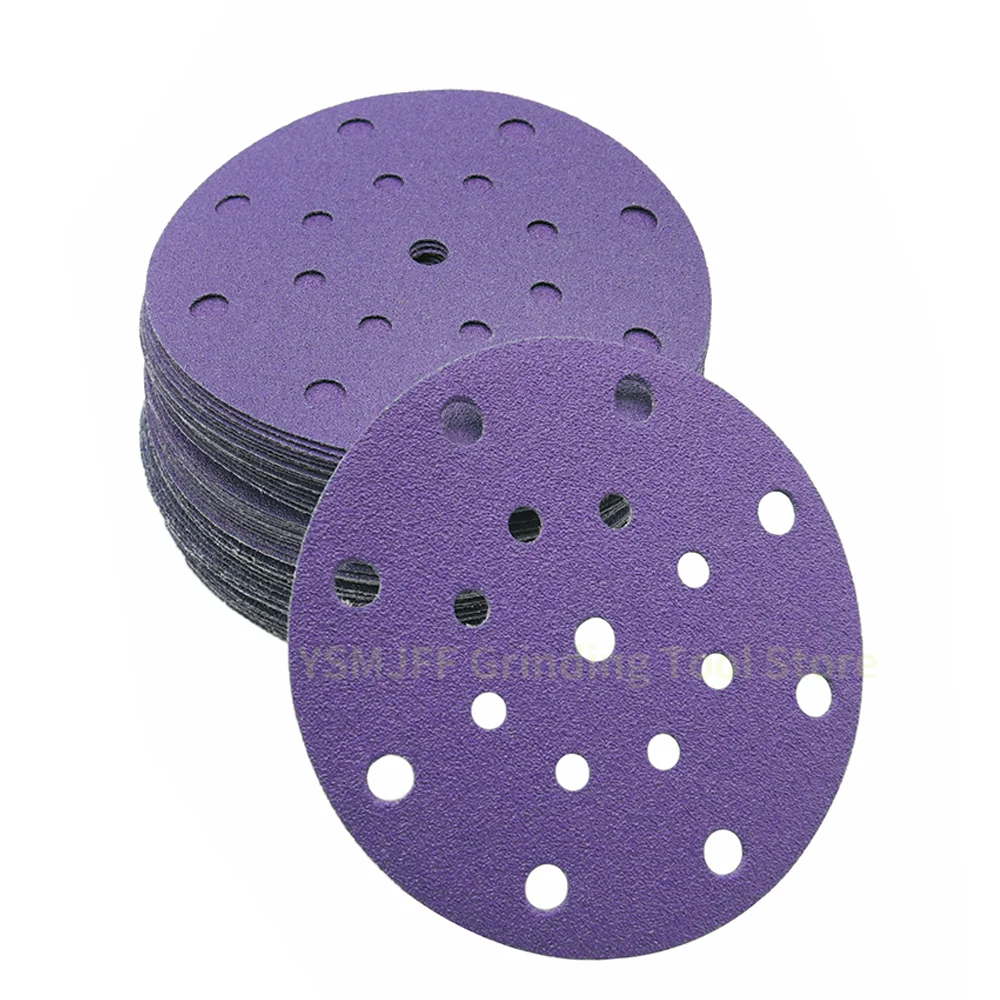 50PCS 6 Inch 17 Hole Round Purple Sandpaper, Hook and Loop Flocking Sanding Discs for Automotive Paint Metal, 40-2000 Grits