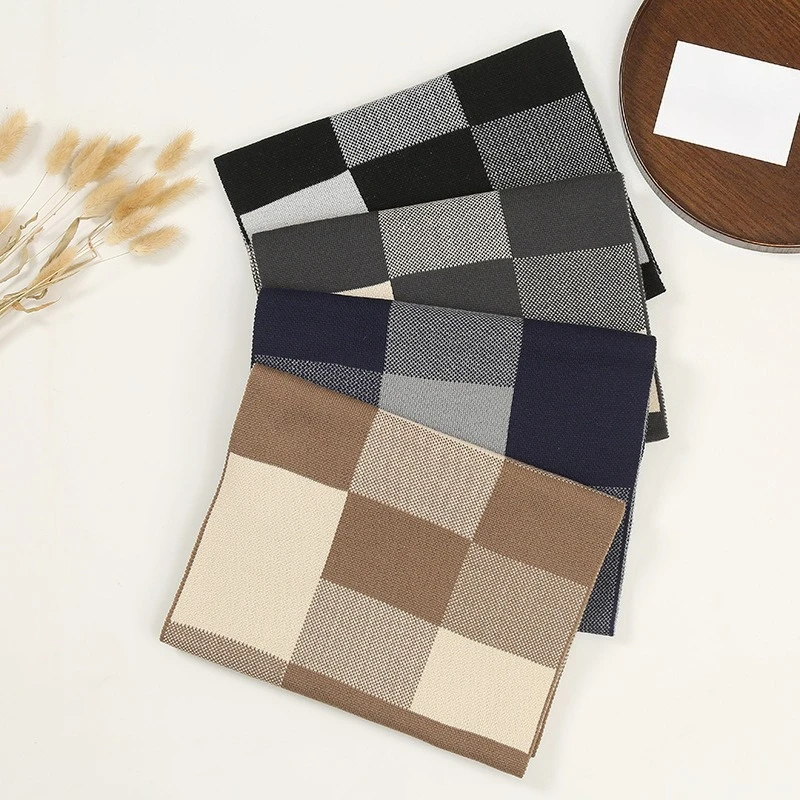 

Мужской вязаный шарф, зимняя теплая модная клетчатая шаль, клетчатый шарф