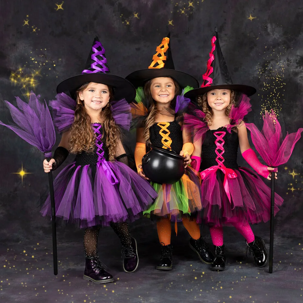 2024 Child Kids Witch Girls Halloween Purim Carnival Party Costume Mardi Gras Fantasia Fancy Toddler Kids Princess Dress Cosplay