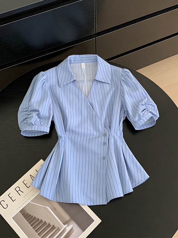 

Рубашка в полоску с короткими рукавами больших размеров, женский модный топ для похудения, повседневная одежда в корейском стиле с рукавами-фонариками, новинка лета