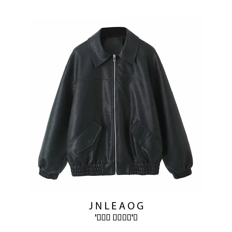 Faionable versátil couro pu waed feminino jaet outono novo sle simples ele longo sve flip colarinho casaco para jovens