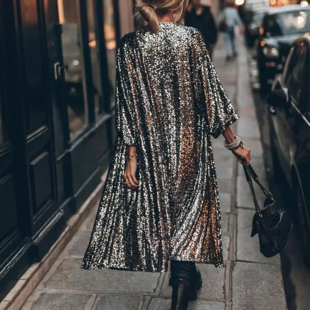 Sequin Women Jackets Cardigan Coat Shiny Glitter Long Sleeve Long Jacket Coats Office Ladies Outwear Casual Long Sleeve Cardigan