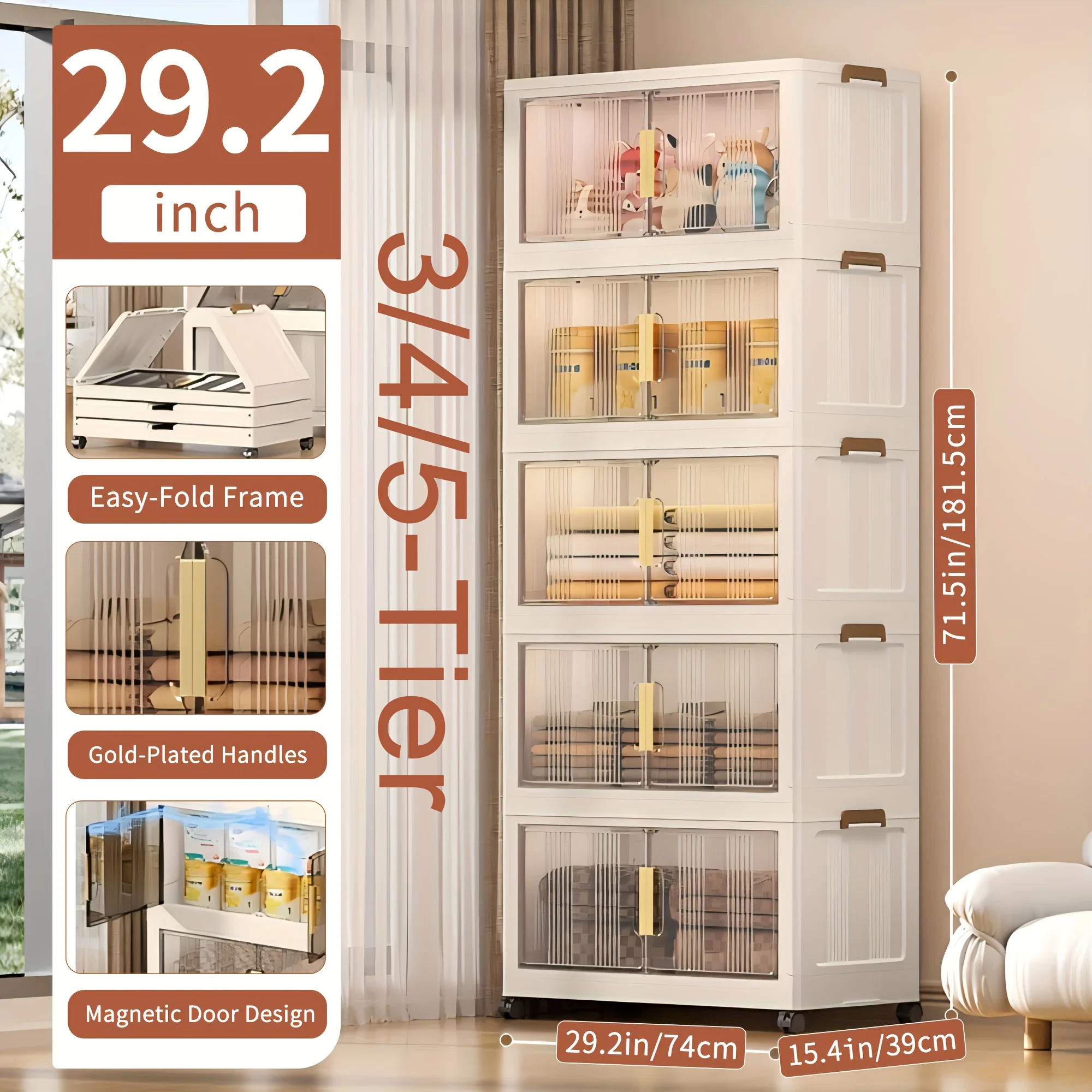 

3/4/5-Tier Extra Large Folding Storage Cabinet - Plastic Storage Bins with Lids, Collapsible Stackable Containers with Wheels, Storage Lockers, Foldable Organizer System for Closet, Bedroom, Office, Kitchen Organizers And Storage, Room Decor