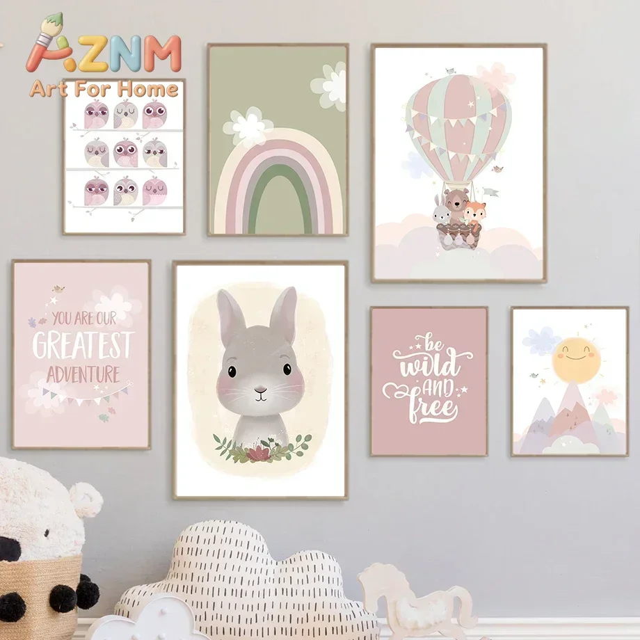 AZNM Frameless Canvas Wall Art Watercolor Bunny Rainbow Hot Air Balloon Animal Print Boho Nursery Kids Bedroom Decor Poster