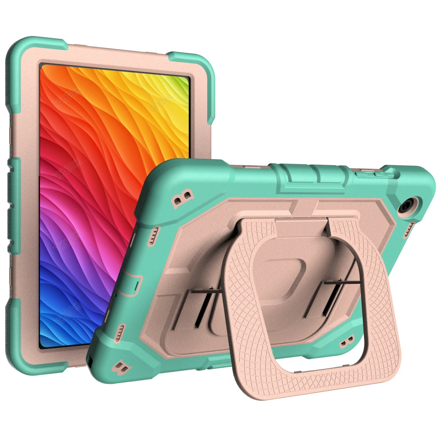 

For Samsung Galaxy Tab A11+ Case Kickstand Silicone + PC Shockproof Protective Tablet Cover - Grass Green + Rose Gold