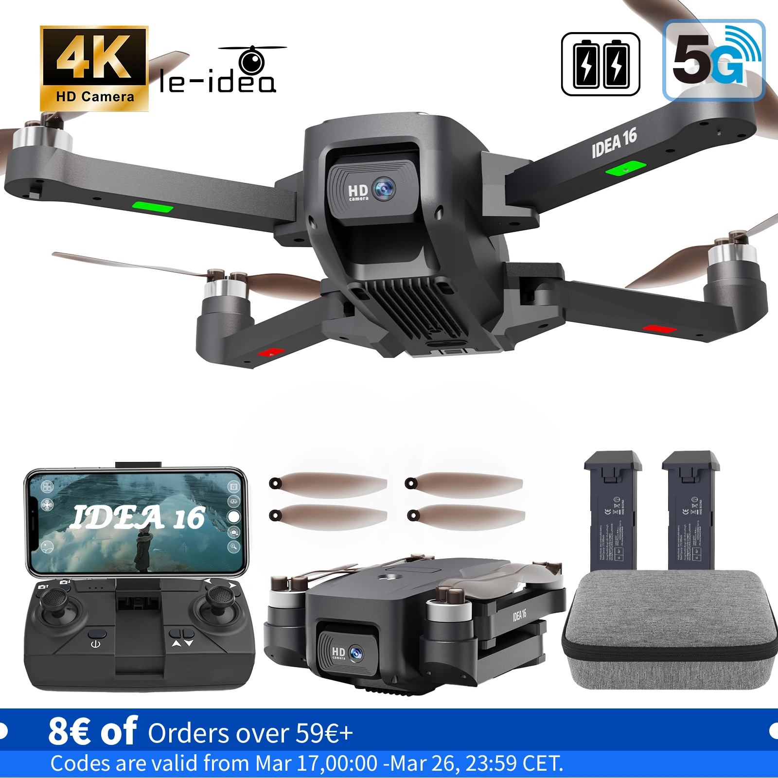 IDEA16 drone with camera 4k With Dual Camera 2 batteries 5G WIFI RC Drone with Brushless Motor Optical Flow for Adult Children