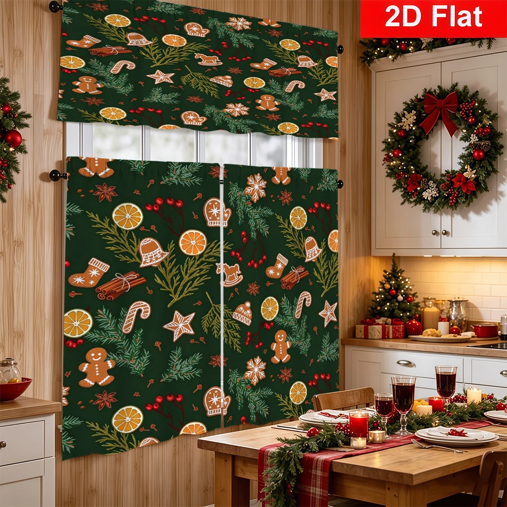 Christmas Kitchen Curtains, Gingerbread Candy Snow Orange, Digital Print, Kitchen Dining Room, Rod Pocket Polyester, Home Decor