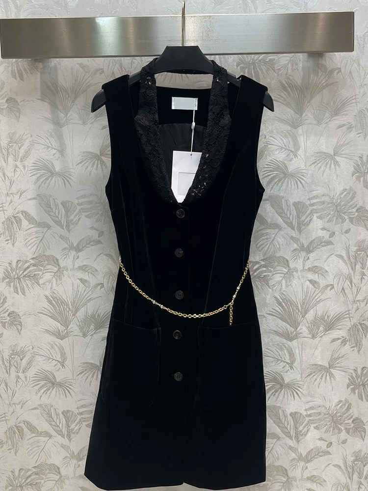 

Fashion Designer Summer Black A-Line Knee-Length Dress Women Turn-down Collar Sleeveless Metal Chain Slim Short Dress