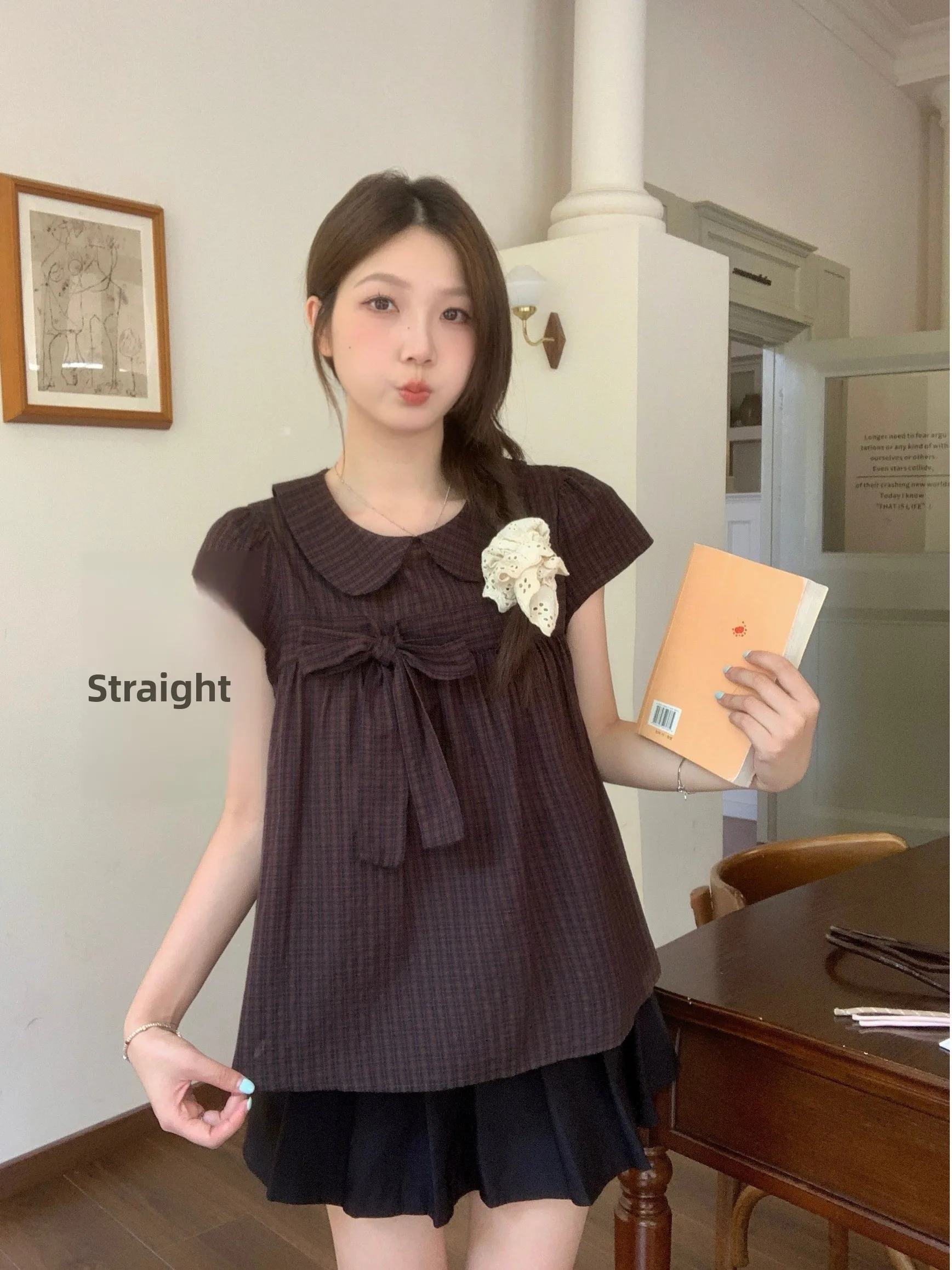 

Новая летняя женская блузка в клетку с воротником-стойкой, уникальный дизайн, свободный крой, большие размеры, корейский стиль, высокое качество.