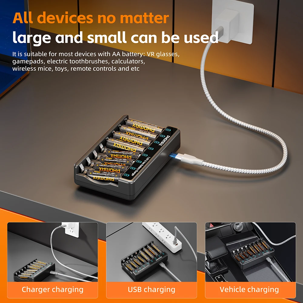 

PHOMAX Lithium Rechargeable Battery Charger 1.5V AA 4200mWh/AAA 1300mWh Battery For Toy Car Game Air Conditioner Remote Control