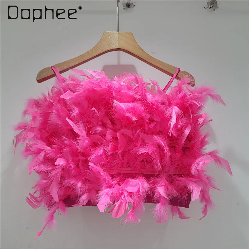 

Sexy Puffy Ostrich Feather Camisole Woman Short Small Sling Vest Summer 2024 New Women's Outer Wear Inner Wear Tanks Top Fashion