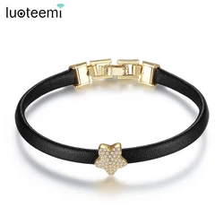 LUOTEEMI Gold-Color Trendy Handmade Black Leather Bracelet With Cubic Zirconia Star Beads Charm Bangle Bracelet for Women Gifts