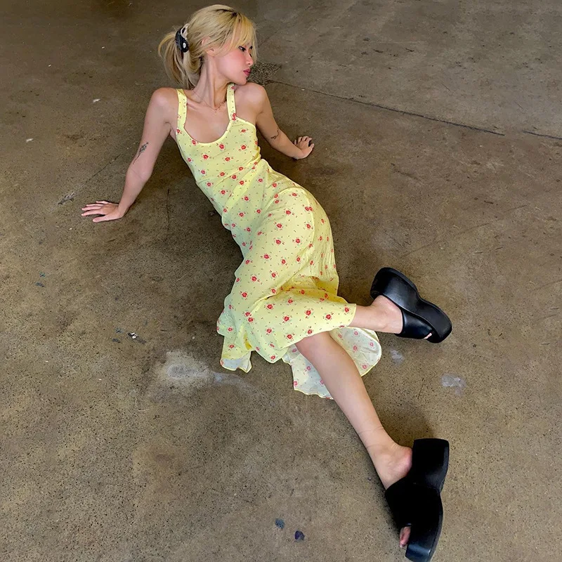 

Женское платье макси в французском стиле с цветочным принтом, на тонких бретелях, из мягкого хлопка, для повседневной носки и отдыха