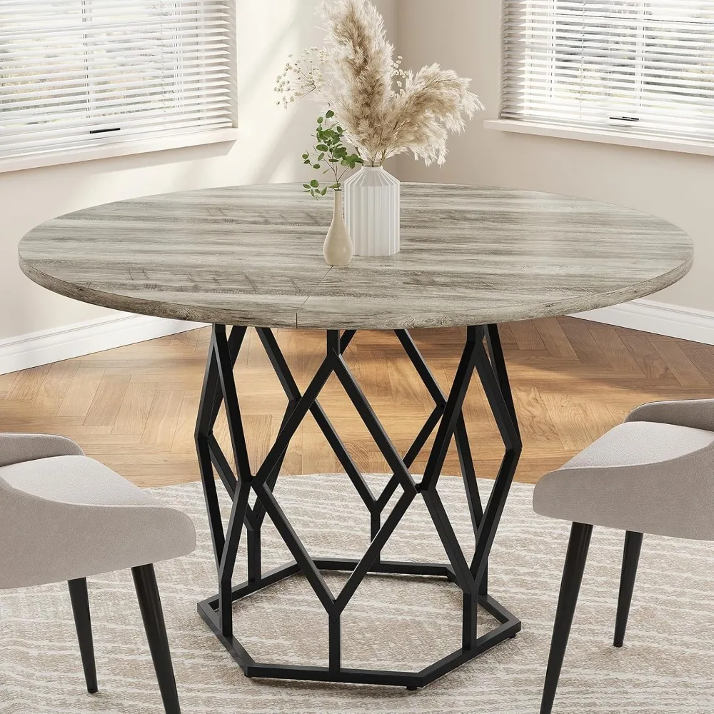 

Round Dining Table for 4-6 People, 47 Inch Farmhouse Kitchen Table, Sturdy Metal Base, Industrial Wood Dinning Room Table for K