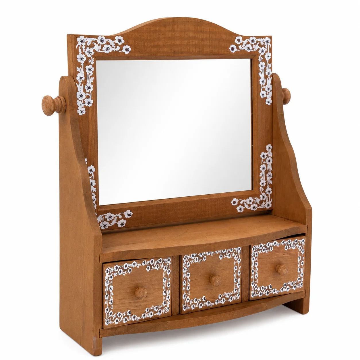 Vintage Wooden Tabletop Vanity Mirror with 3 Drawers, Rotating Makeup Mirror Jewelry Storage Box, Floral Hand Painted Rustic Dre