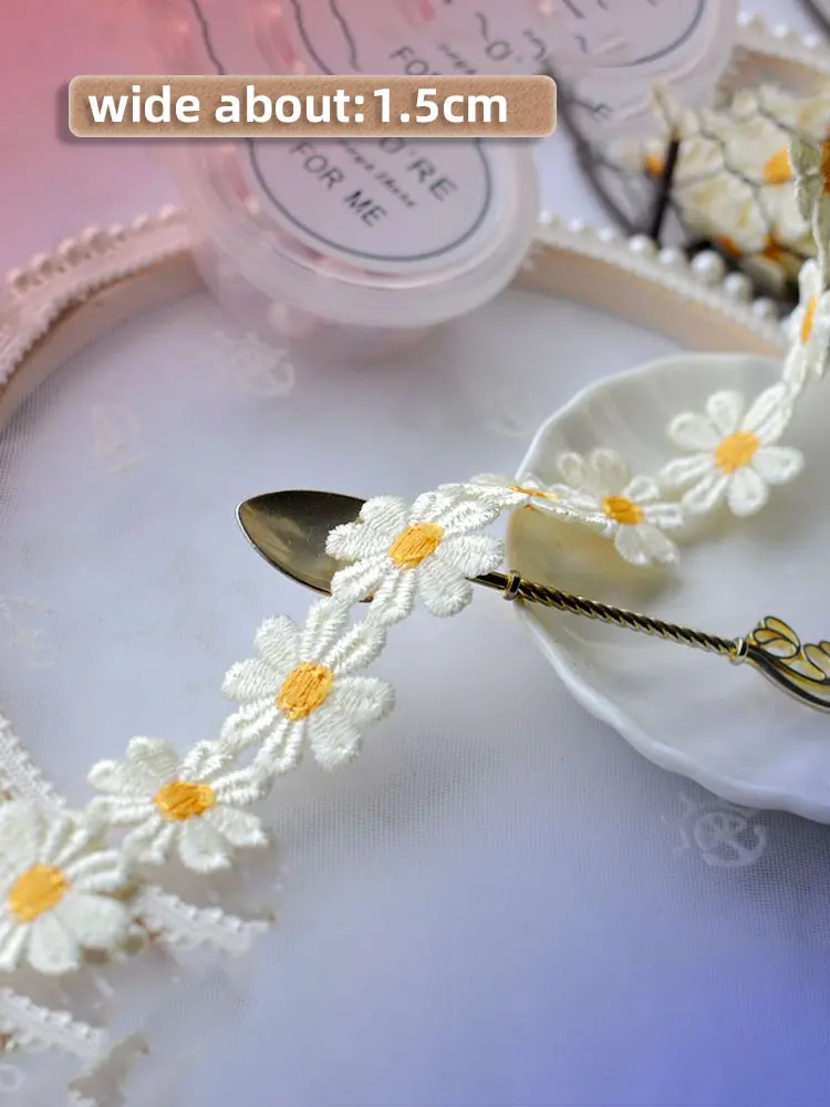 1.5cm Wide Gold Daisy Embroidery Lace Trim for Sewing Bows Wedding Dress Women Collar Fringe Patches Ribbon Accessories Supplies