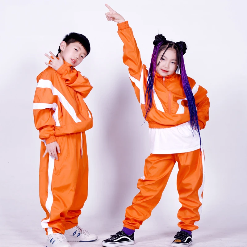 

Kids Cool Hip Hop Street Dance Clothing Boys Orange Jacket Pants Girls Jazz Costumes Adults Group Stage Kpop Outfit XS5365