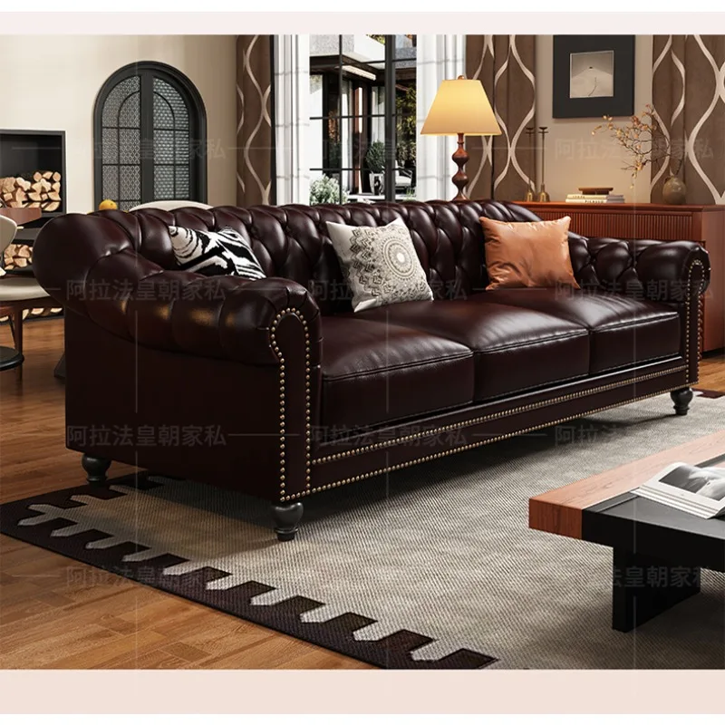 

American retro leather sofa living room small apartment princess household brown first layer cowhide straight row