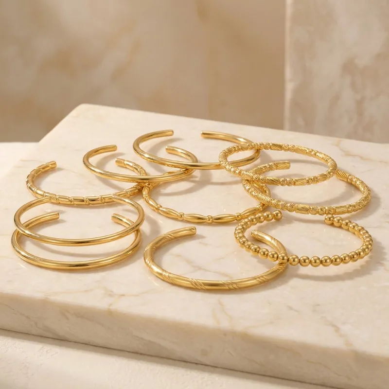 Vintage Stackable Open Cuff Bangle 3‑Piece Set Waterproof Gold Stainless Steel Multi‑Texture Women Bracelet