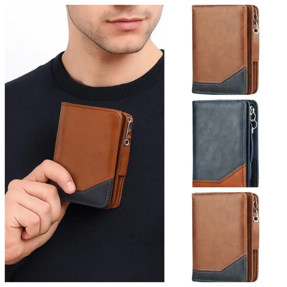Carteira curta masculina de couro pu com zíper, bolsa de mão de negócios de grande capacidade com vários compartimentos para cartão, bloqueio de cor, porta cartão de viagem