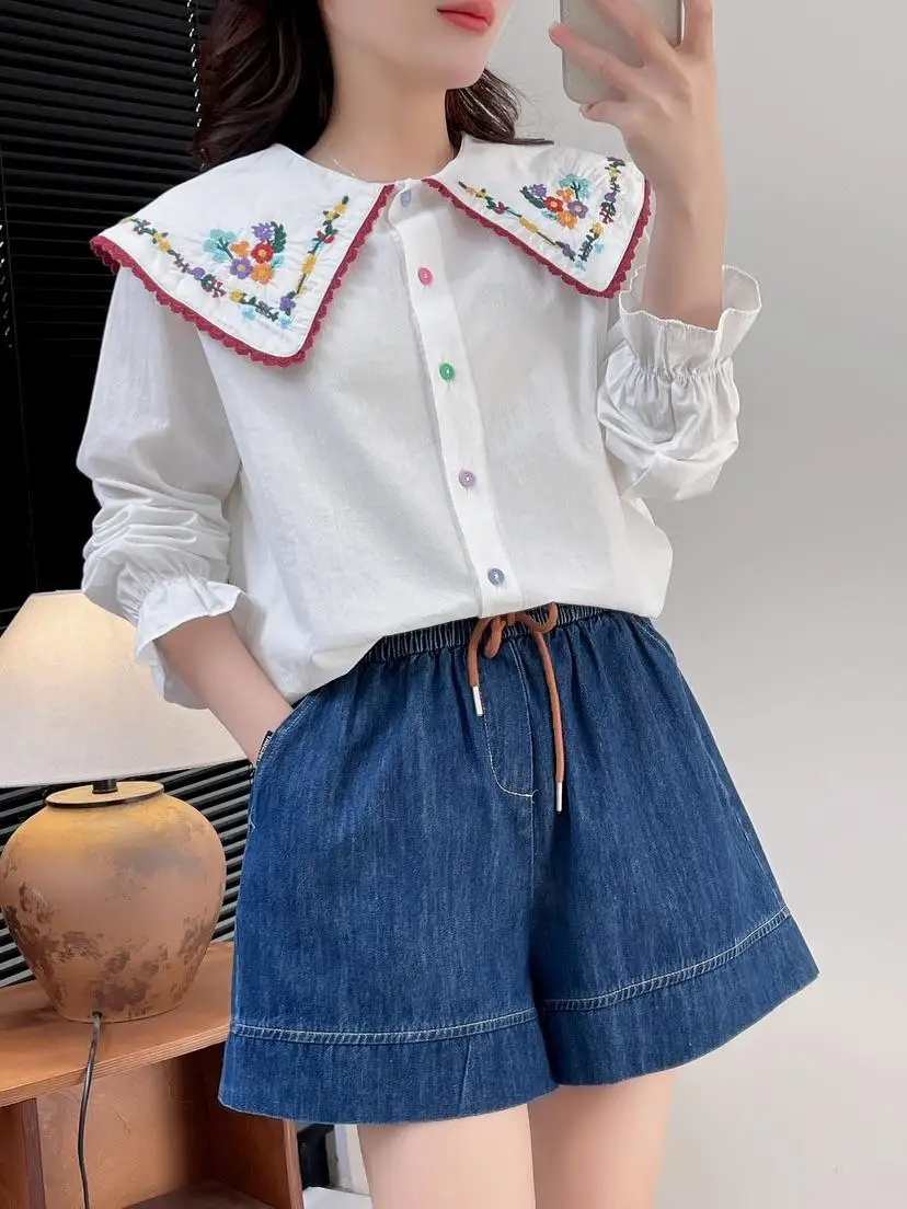 New Summer Cotton Loose Shirt Women Peter Pan Collar Long Sleeve Tops Girl Floral Embroidery Sweet Blouses 2024 Spring T43207QM