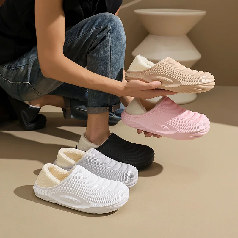 Fashion Women Men Winter Plush Cotton Slippers Waterproof Wrap Back Fleece Warm Non Slip Indoor Lightweight Outdoor House Shoes