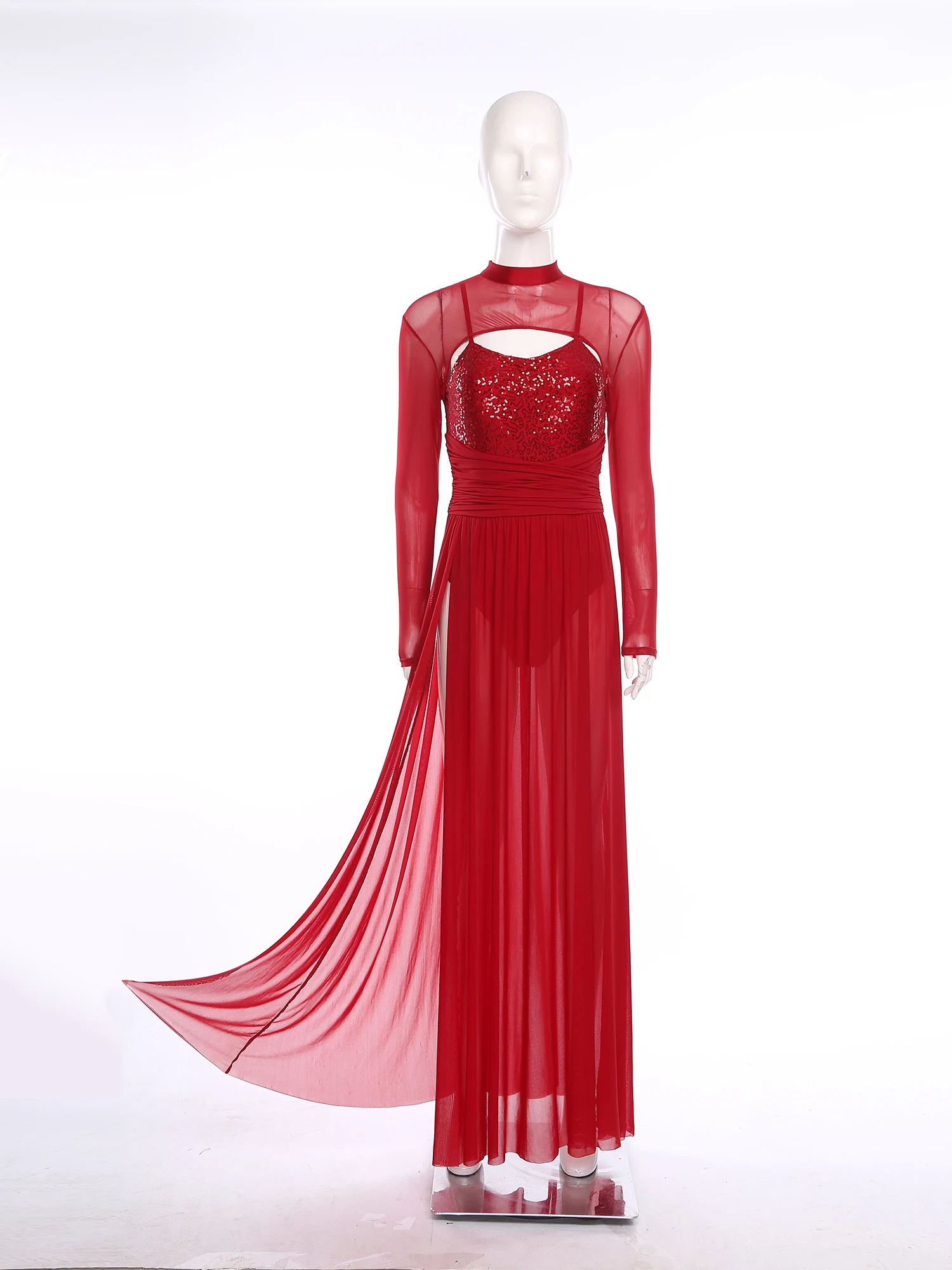 ผู้หญิงโมเดิร์นโคลงสั้น ๆ เต้นรําชุดแขนยาวเลื่อมตาข่าย Tulle แยก Maxi Leotard ชุดสําหรับยิมนาสติกสเก็ตบัลเล่ต์