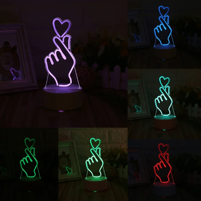 

H55A USB Novelty 7 Colors Changing Finger Heart LED Night Light 3D Desk Table Lamp Ho