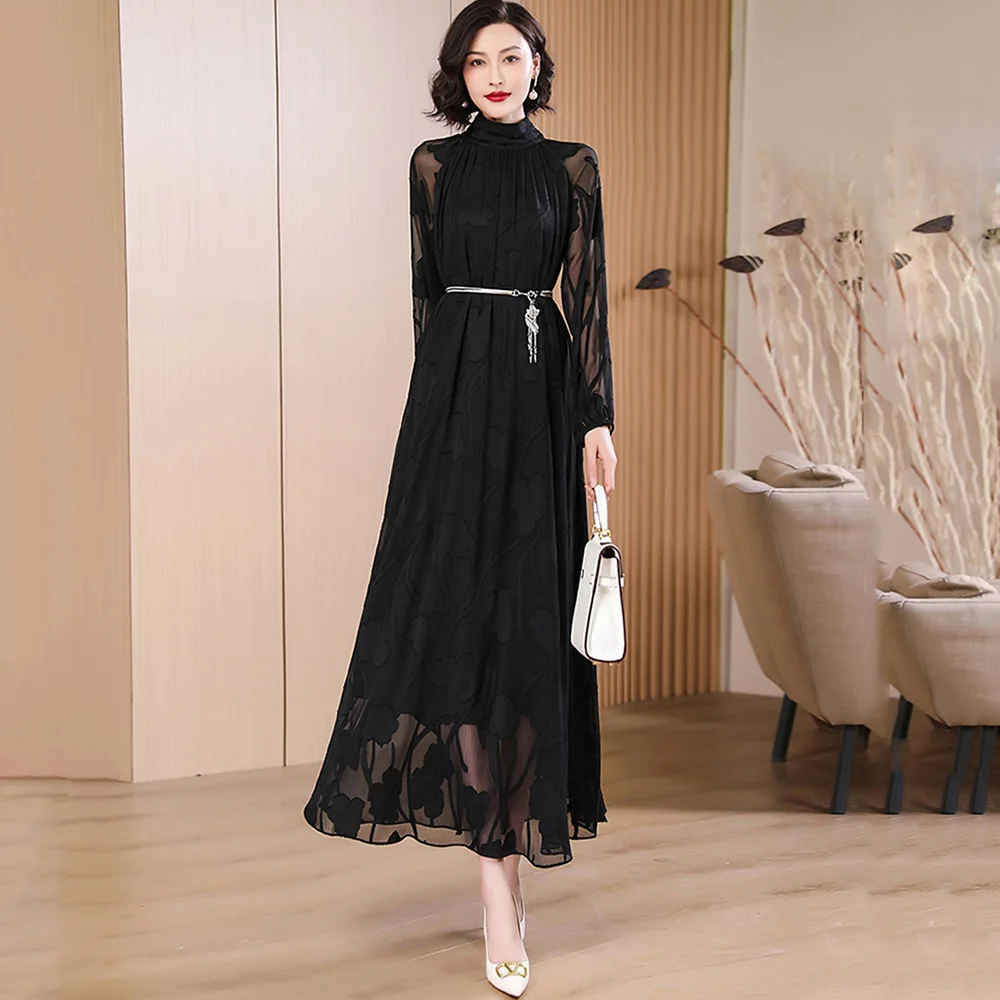 

New Women Black Jacquard Chiffon Dress Summer Elegant Stand Collar Lantern Sleeve Loose Long Dress French Style Flowing Dress