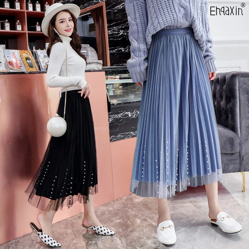 

EHQAXIN New Women's Beading Skirt Fashion Elegant Korean Velvet Mesh Beaded A-Line Casual Loose Pleated Skirt For Ladies S-4XL