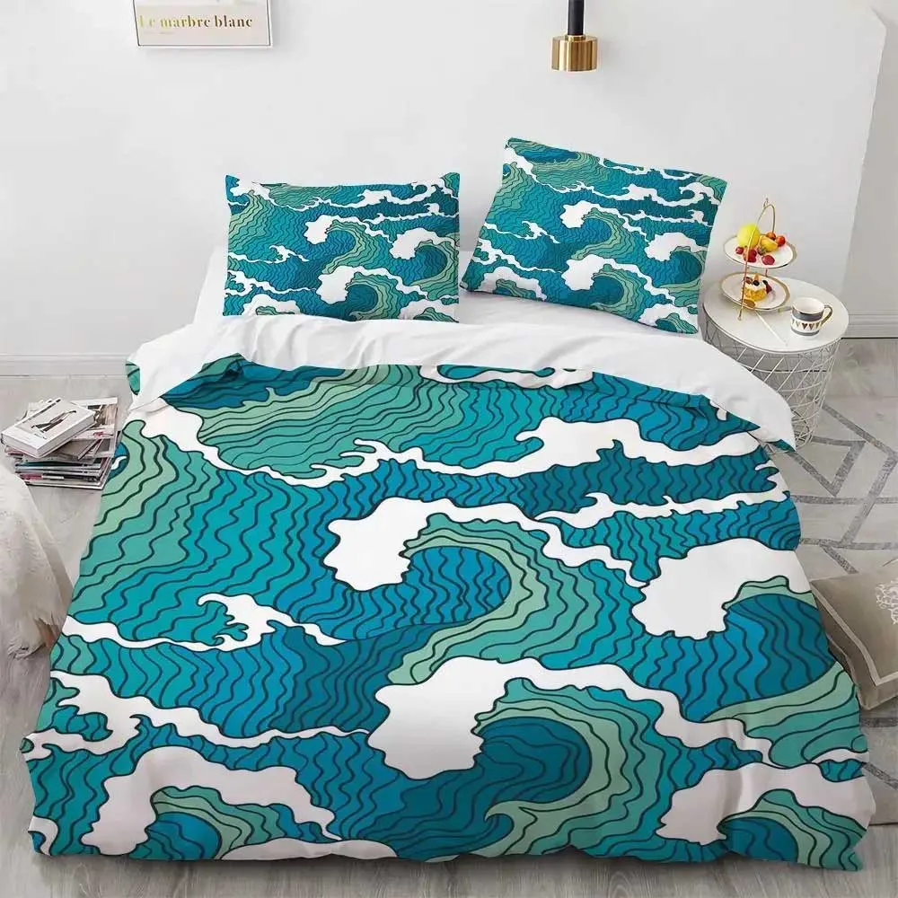 Ocean Waves Cartoon Bedding Set Blue Sea Fish Landscape Anime Print Duvet Cover Pillowcase Soft Kids Bedroom Bed Linens