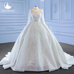 Aedmgh Ball Gown Princess Wedding Dresses High Neck Long Sleeve Vestido De Novia Lace Sequined Luxury Custom Made Bridal Gown