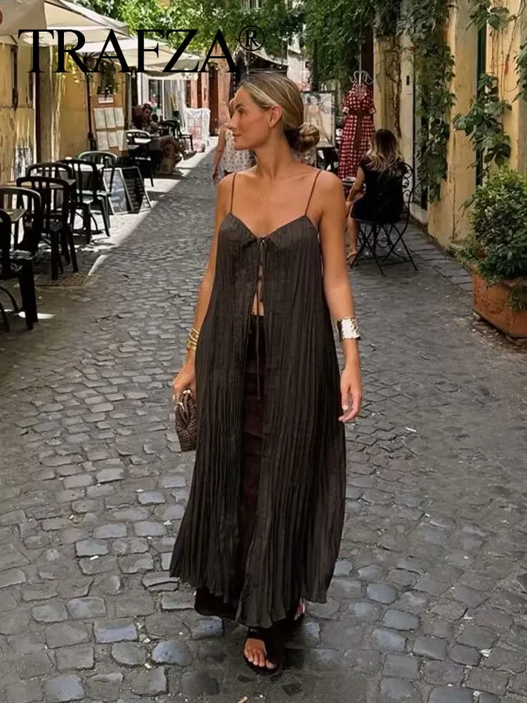 TRAFZA 2024 Summer Women Fashion Pleated Dress New V Neck Loose Long Dresses Woman Chic Sexy Party Female Dress Vestidos