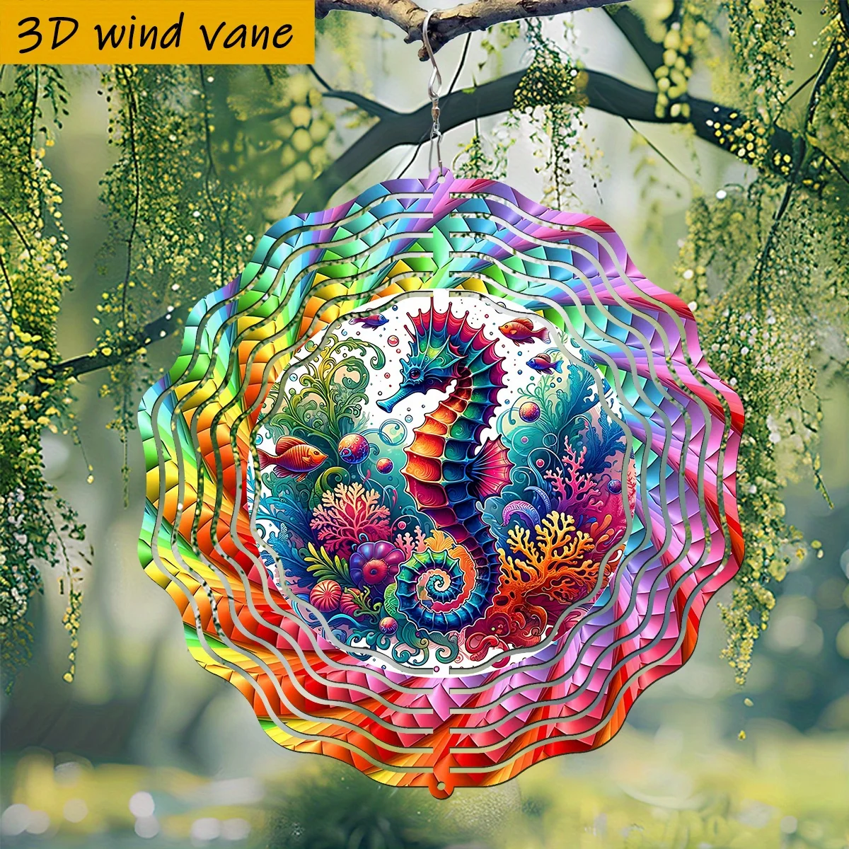 3D 1pc Wind Gyro, Colorful Seahorse and Coral Cluster, Double-sided Round with Swivel Hook Patio Porch Hanging Decoration