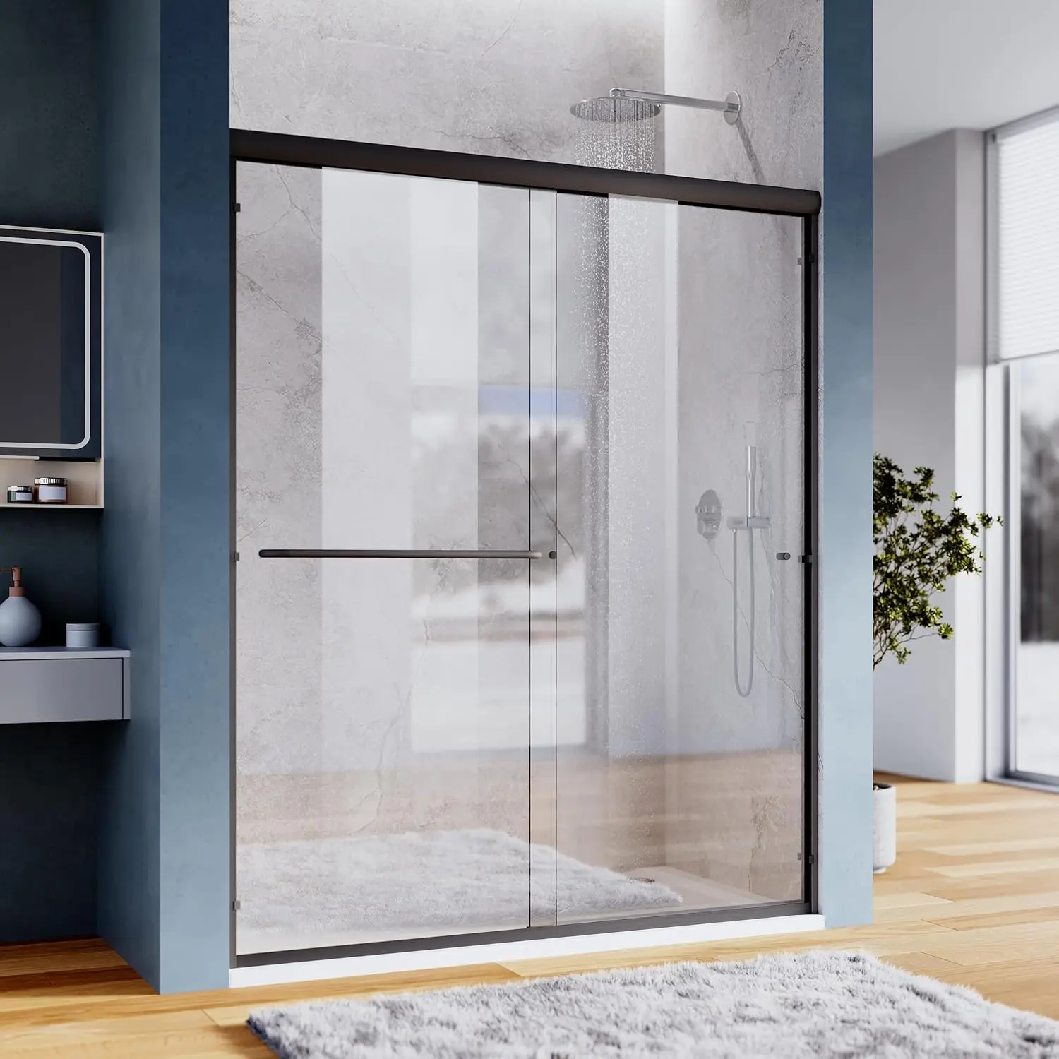 

Стеклянная душевая дверь 58,5-60 дюймов (Ш) x 72 дюйма (В), полурамная раздвижная дверь для душа, прозрачное стекло 1/4 дюйма, черная отделка.