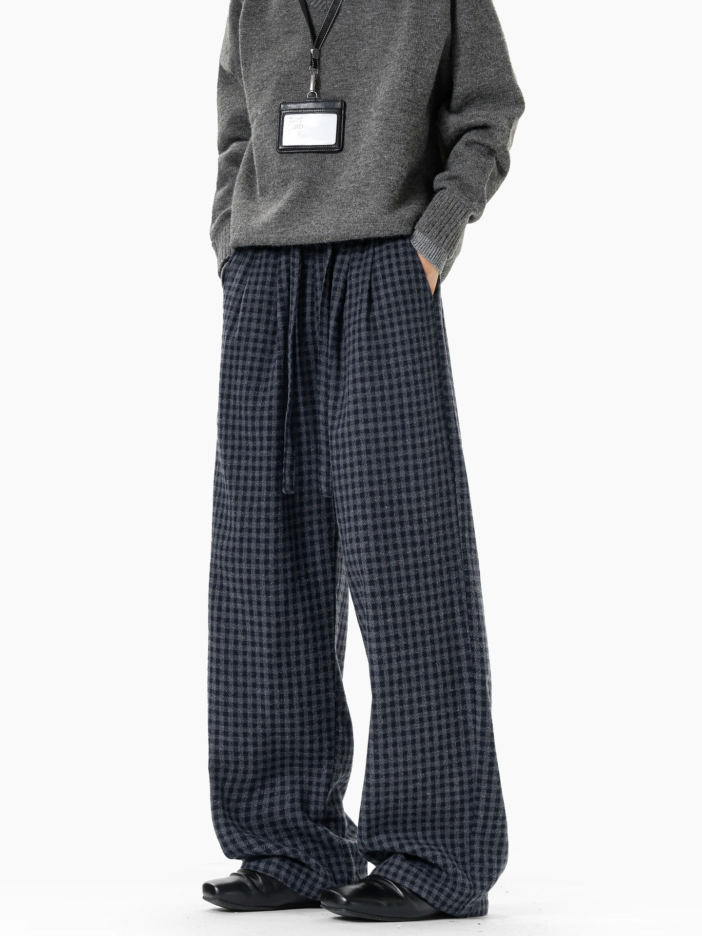 

Американские ретро твидовые клетчатые широкие брюки мужские свободные прямые повседневные брюки с завязками на талии молодежная осенняя мода